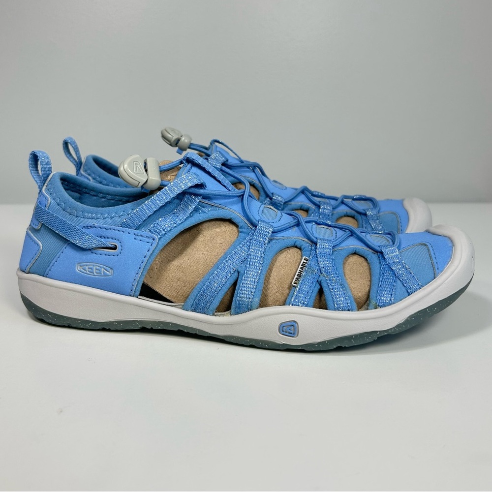 Keen Moxie Water Friendly Sandal Kids Sz 5 Easy On Toe Bumper Light Blue Silver